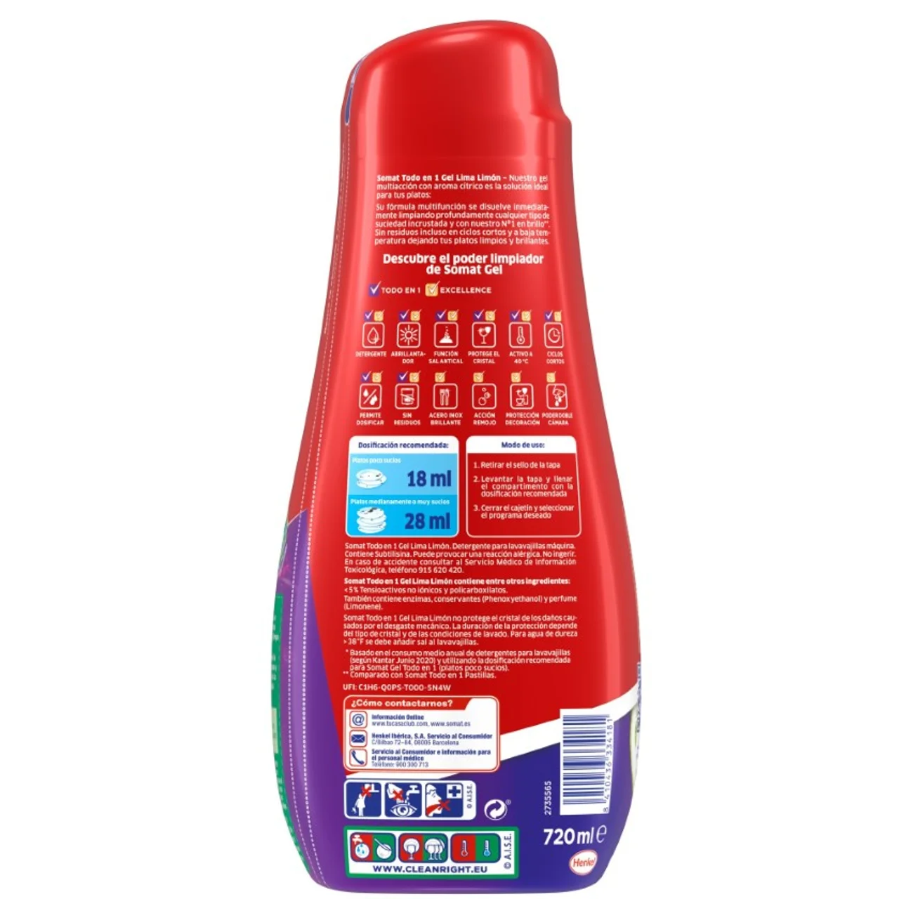 Detergente lavavajillas lima-limón en botella de 40 dosis