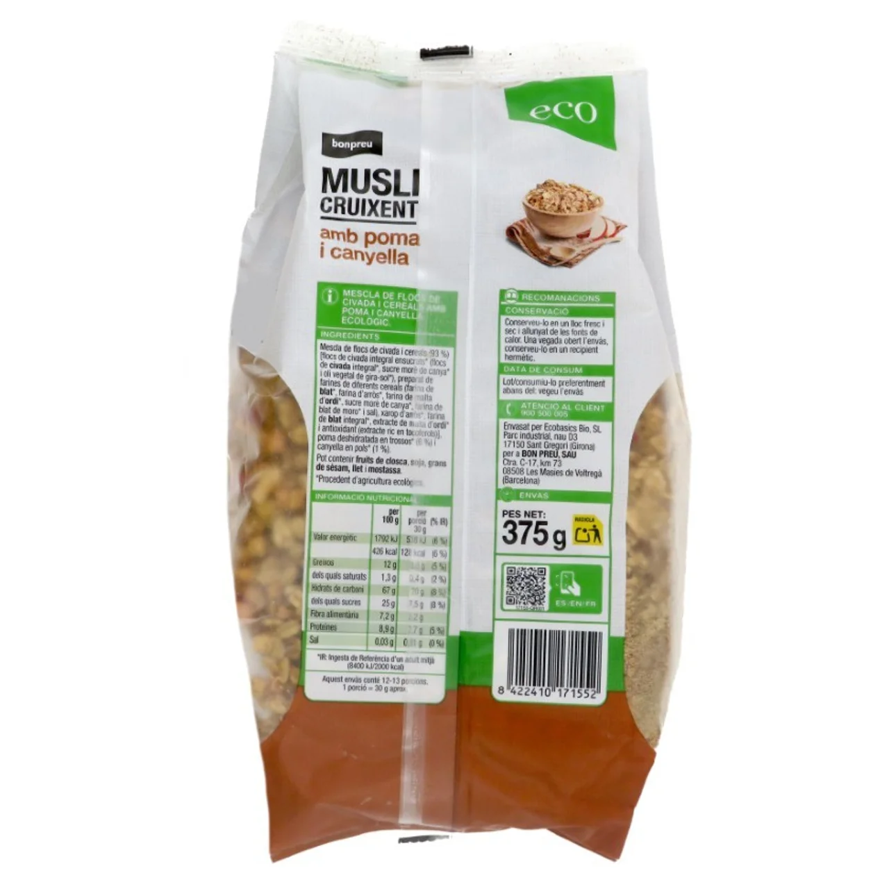 BONPREU Muesli crujiente con manzana y canela ecológico
