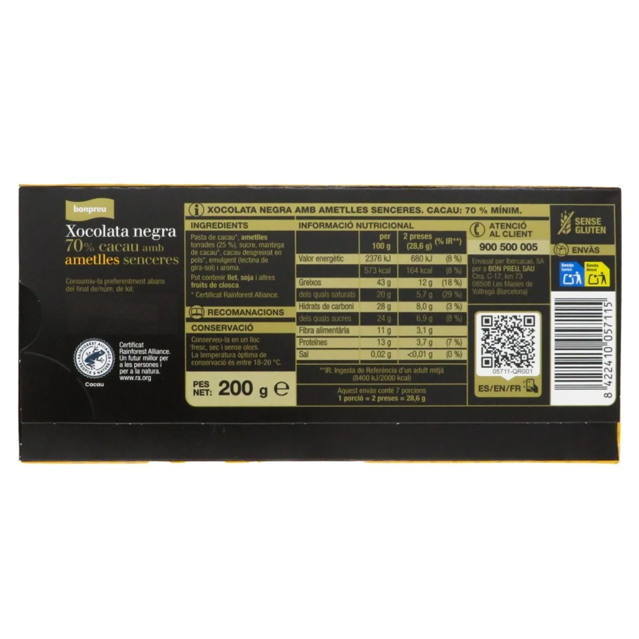 BONPREU Chocolate negro 70% cacao con almendras enteras