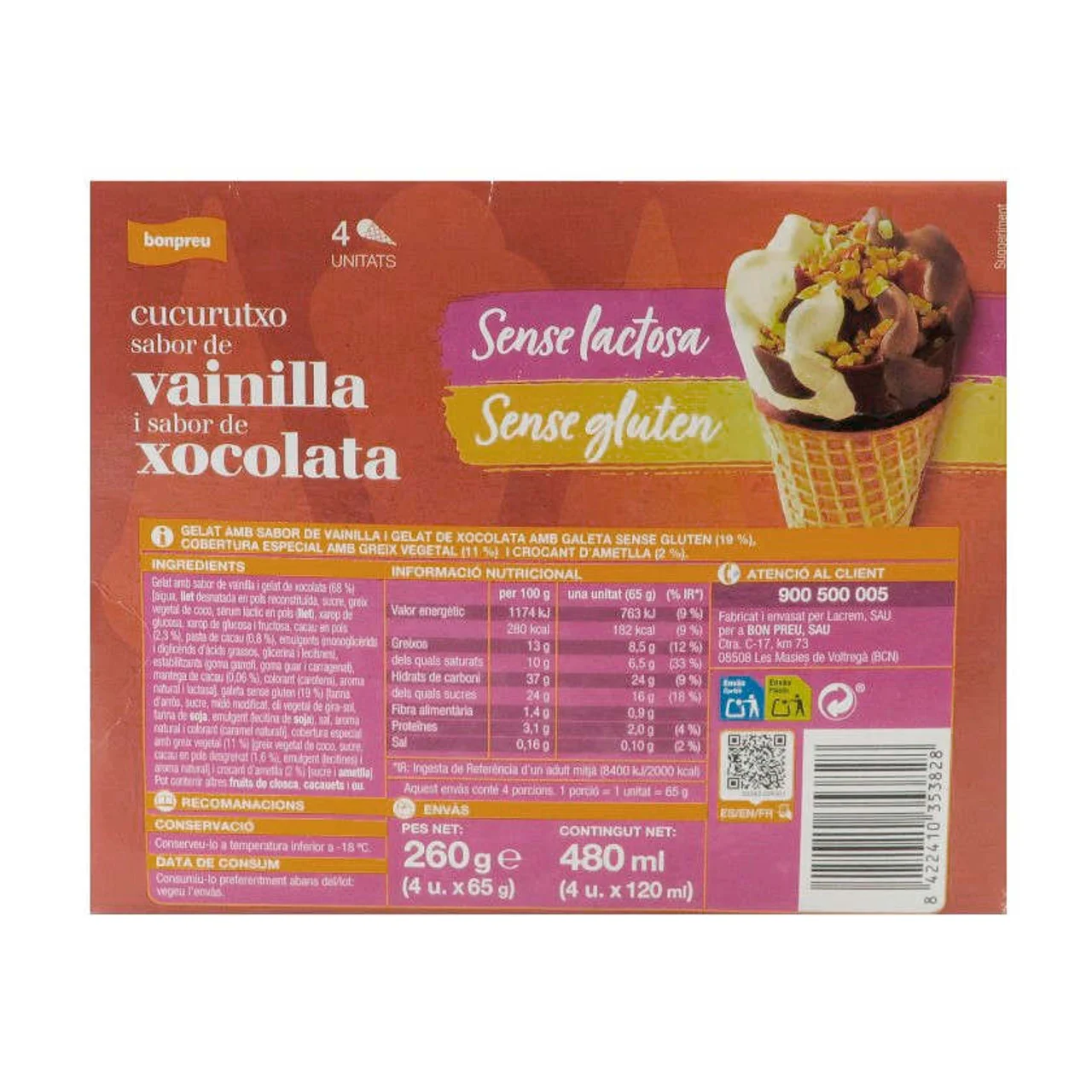 BONPREU Cucurucho sabor vainilla y chocolate sin lactosa