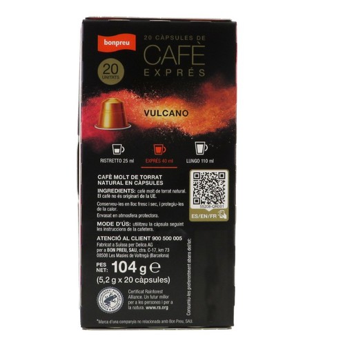 BONPREU Càpsules de cafè Vulcano Intensitat 12