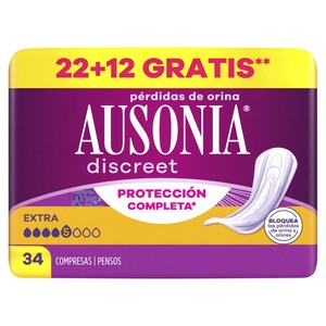 Compresas de incont. extra AUSONIA DISCREET, paquete 34 uds