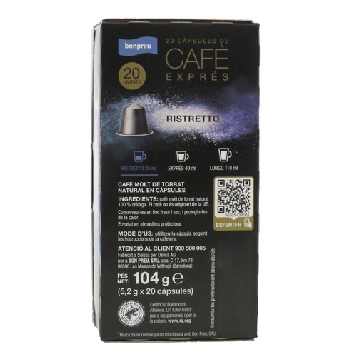 BONPREU Càpsules de cafè Ristretto Intensitat 9