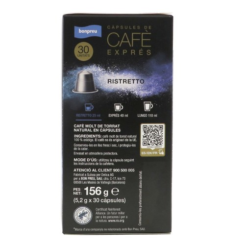 BONPREU Càpsules de cafè Ristretto Intensitat 9