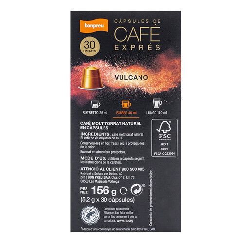BONPREU Càpsules de cafè Vulcano Intensitat 12