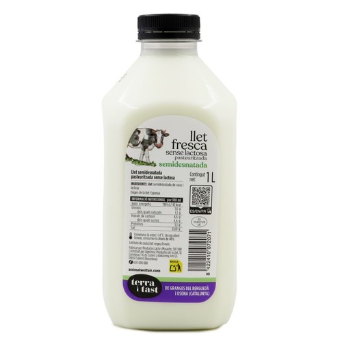 TERRA I TAST Llet fresca semidesnatada sense lactosa Km0