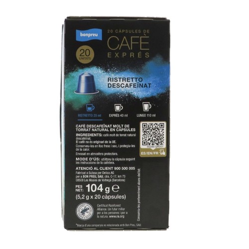 BONPREU Càpsules de cafè Ristretto descafeïnat