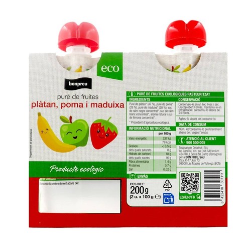 BONPREU Puré de fruites plàtan, poma i maduixa