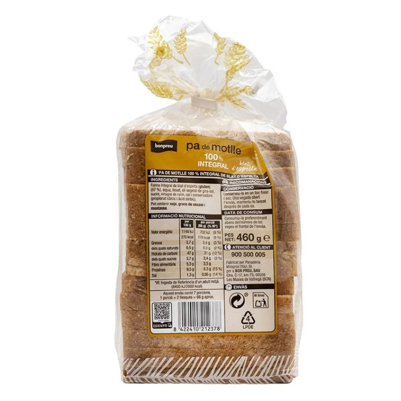 BONPREU Pan de molde de espelta integral 100%