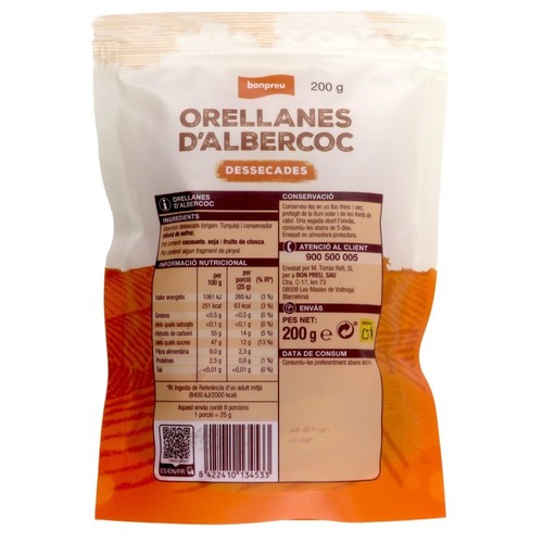 BONPREU Orellanes d'albercoc dessecades