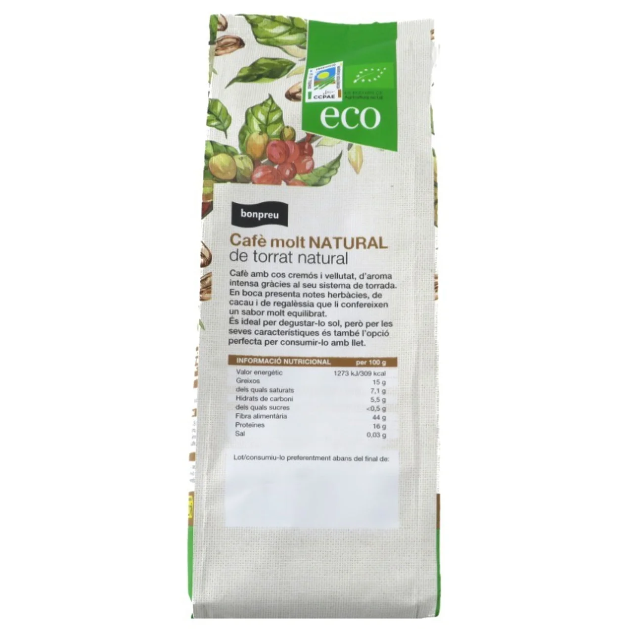 BONPREU Café molido de tueste natural ecológico