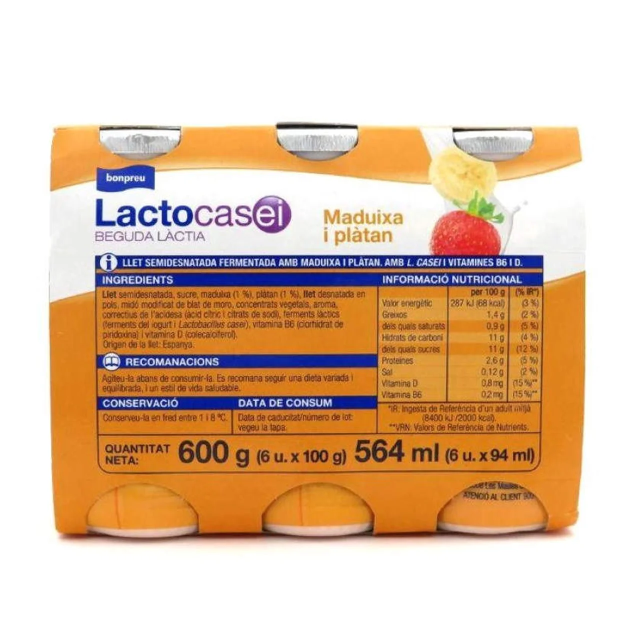 BONPREU Bebida láctea de fresa y plátano Lactocasei