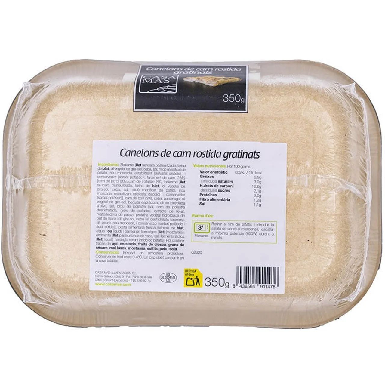 Canelones de carne asada gratinados 3ud.