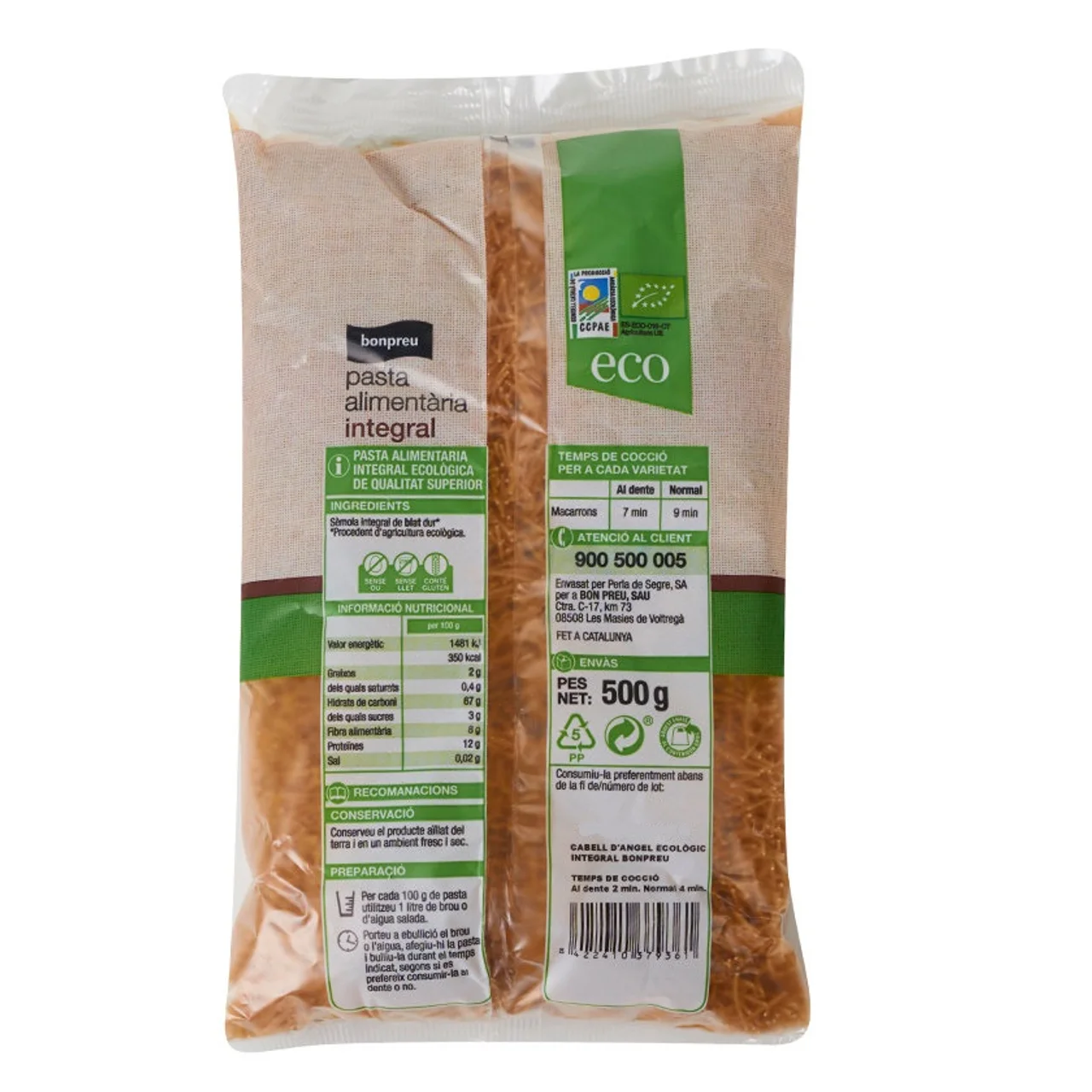 BONPREU Pasta cabello de angel integral ecológica Km0