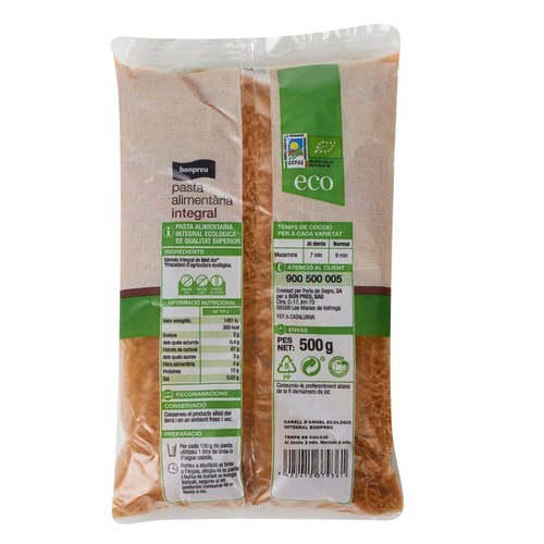 BONPREU Pasta cabell d'àngel integral ecològica Km0