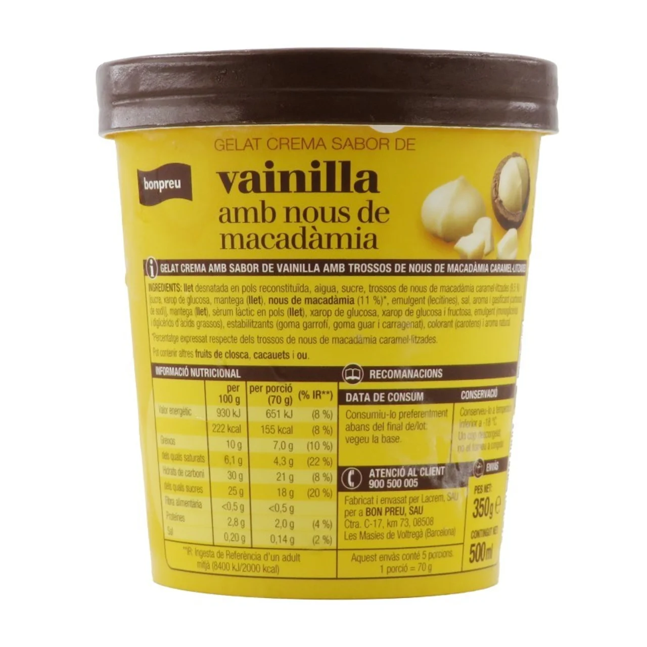 BONPREU Helado crema con sabor de vainilla con nueces de macadamia