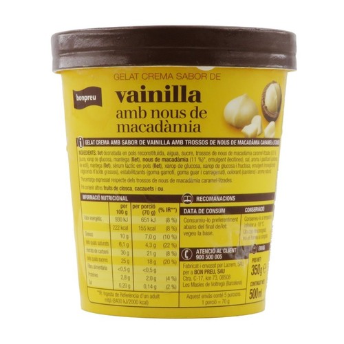 BONPREU Gelat crema amb sabor de vainilla amb nous de macadàmia