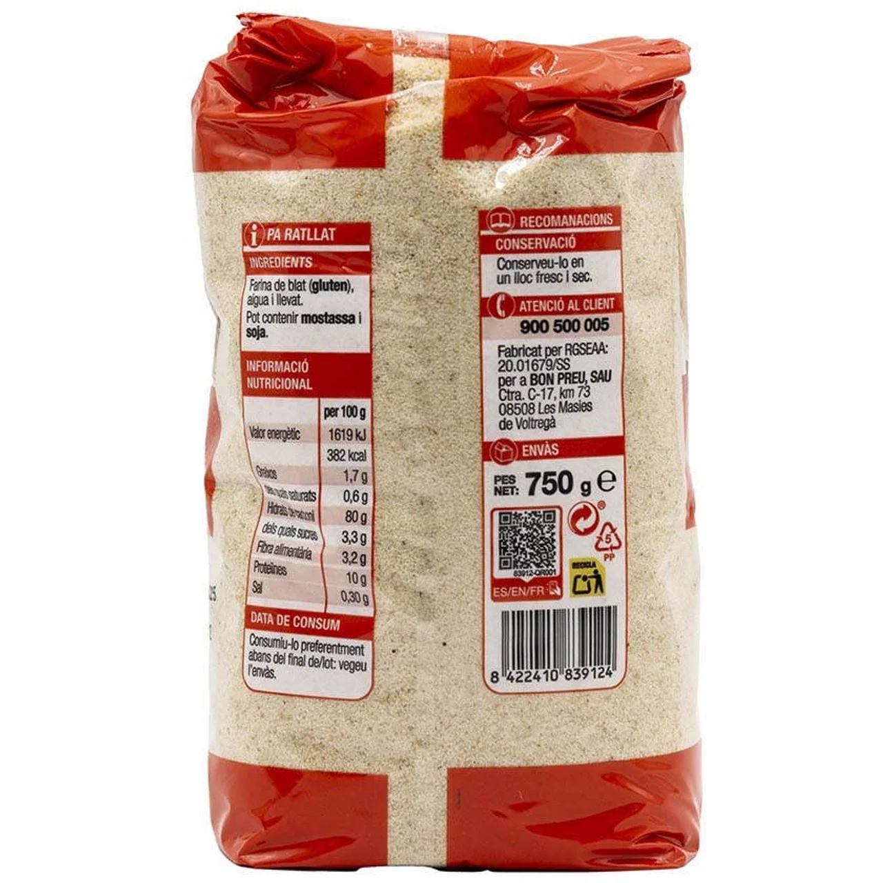BONPREU Pan rallado en bolsa de 750 gramos