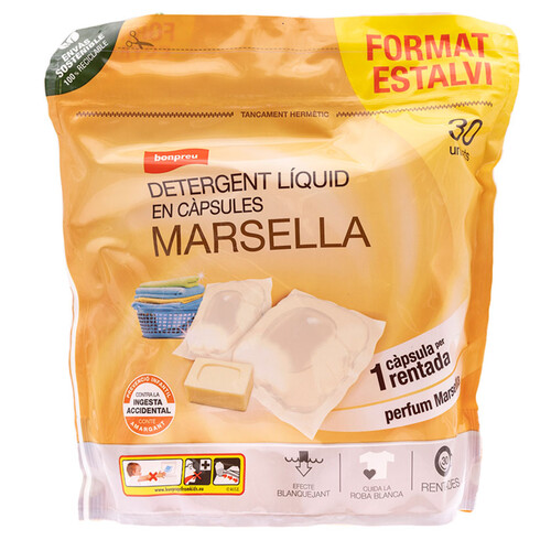 BONPREU Detergent líquid en càpsules Marsella de 30 càpsules