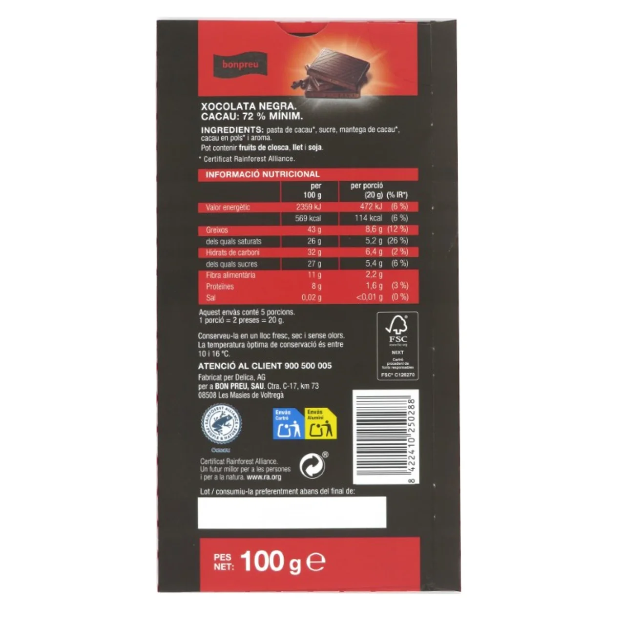 BONPREU Chocolate negro 72% cacao