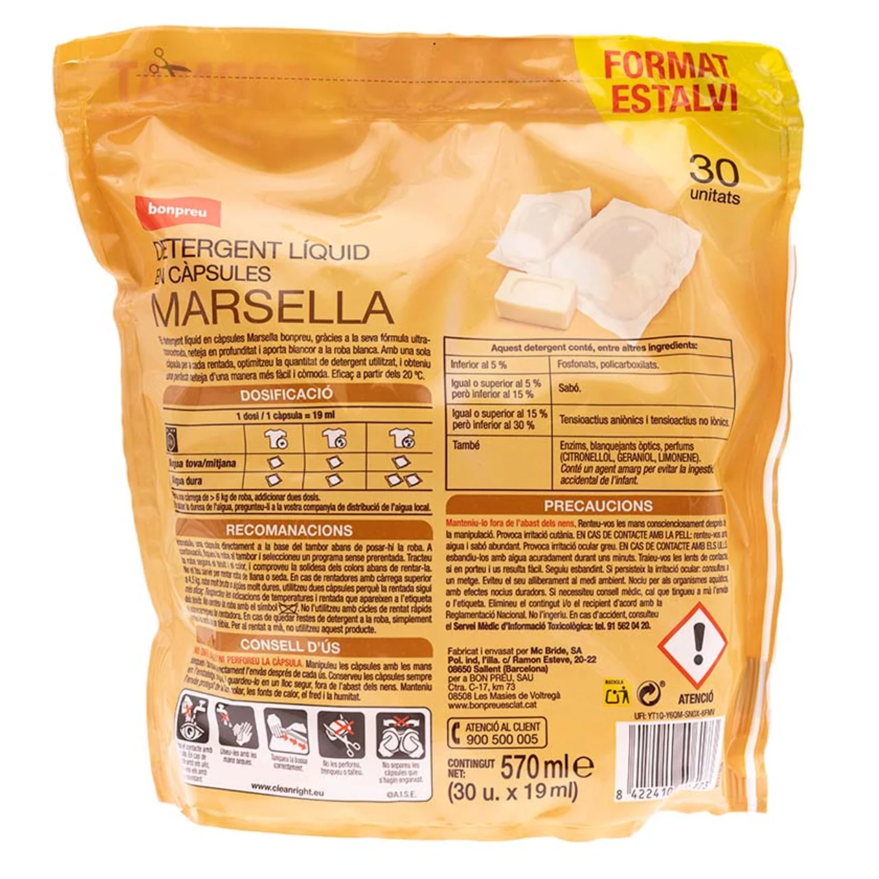 BONPREU Detergente líquido en cápsulas marsella de 30 dosis