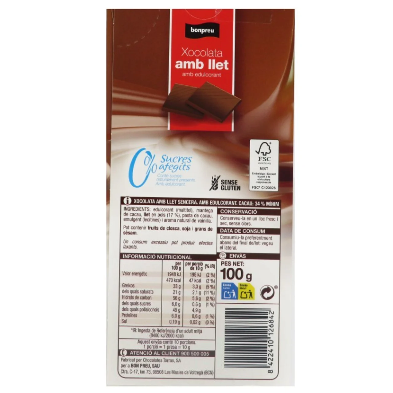 BONPREU Chocolate con leche 0% azúcares añadidos