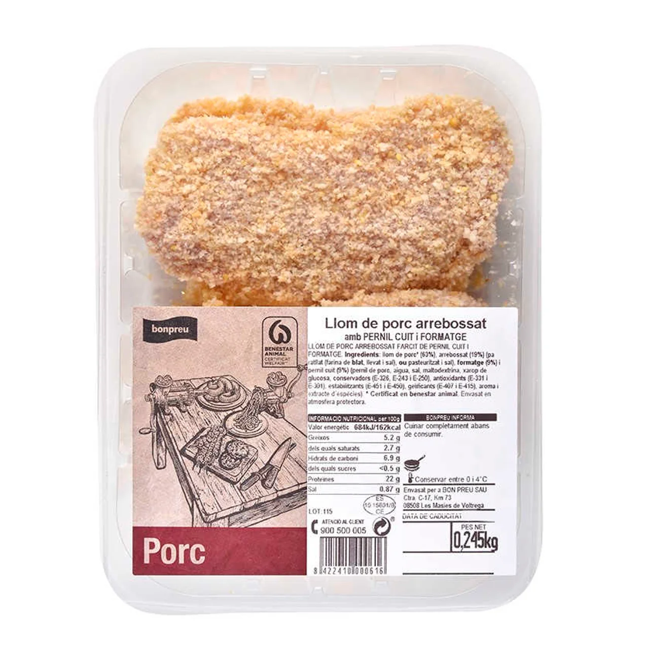 BONPREU Lomo rebozado relleno de jamón cocido y queso fundido