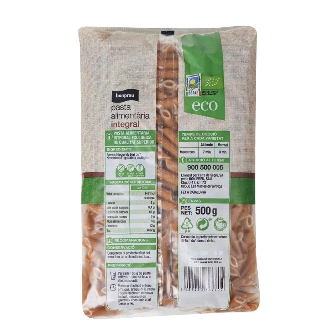 BONPREU Macarrones integrales ecológicos Km0