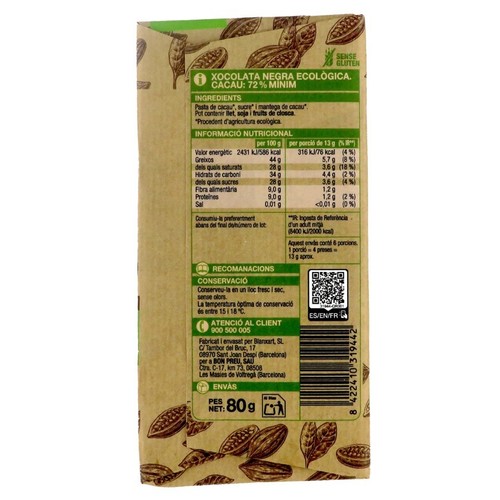 BONPREU Xocolata negra eco 72 % cacau