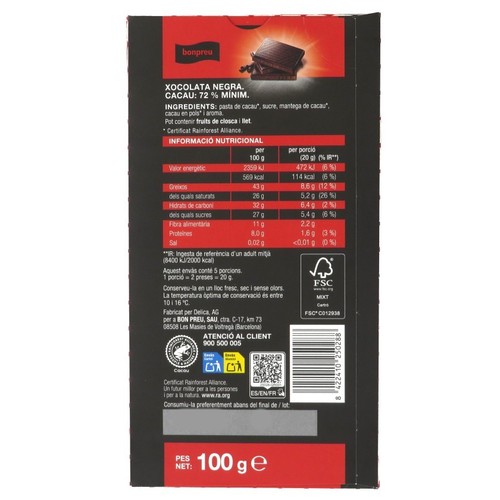 BONPREU Xocolata negra 72% cacau