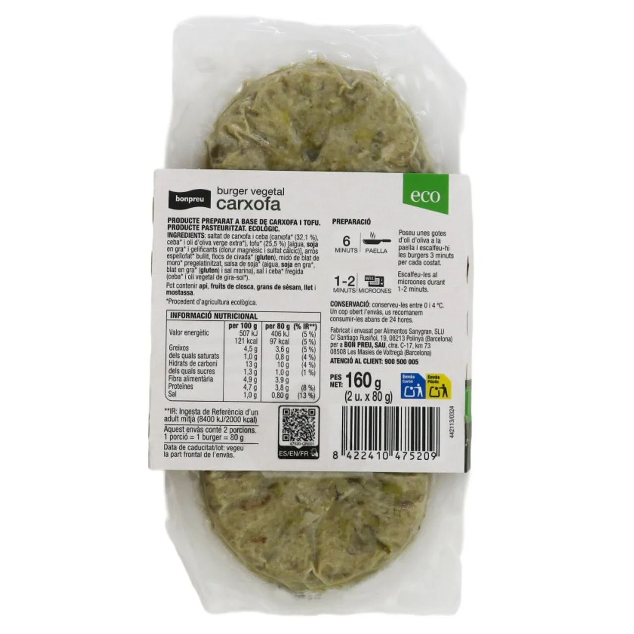 BONPREU Burger vegetal alcachofa ecológica