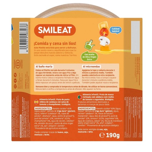 SMILEAT Raviolis carbassa salsa tomàquet i xampinyons ecològic +15 m