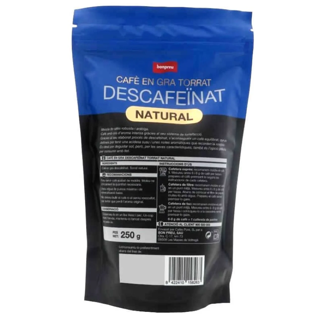 BONPREU Café en grano tostado descafeinado natural