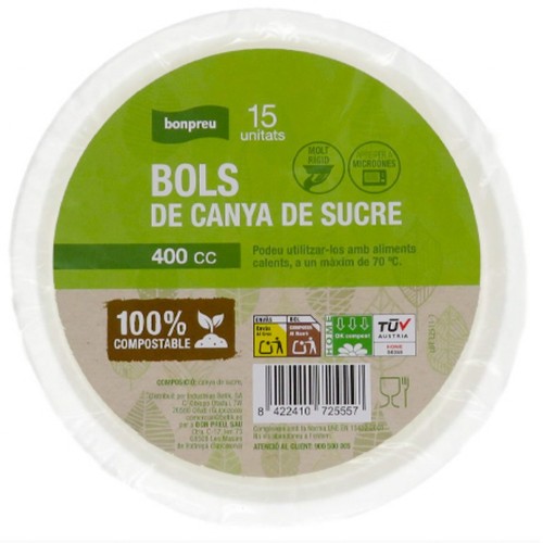 BONPREU Bols de canya de sucre 400 cc