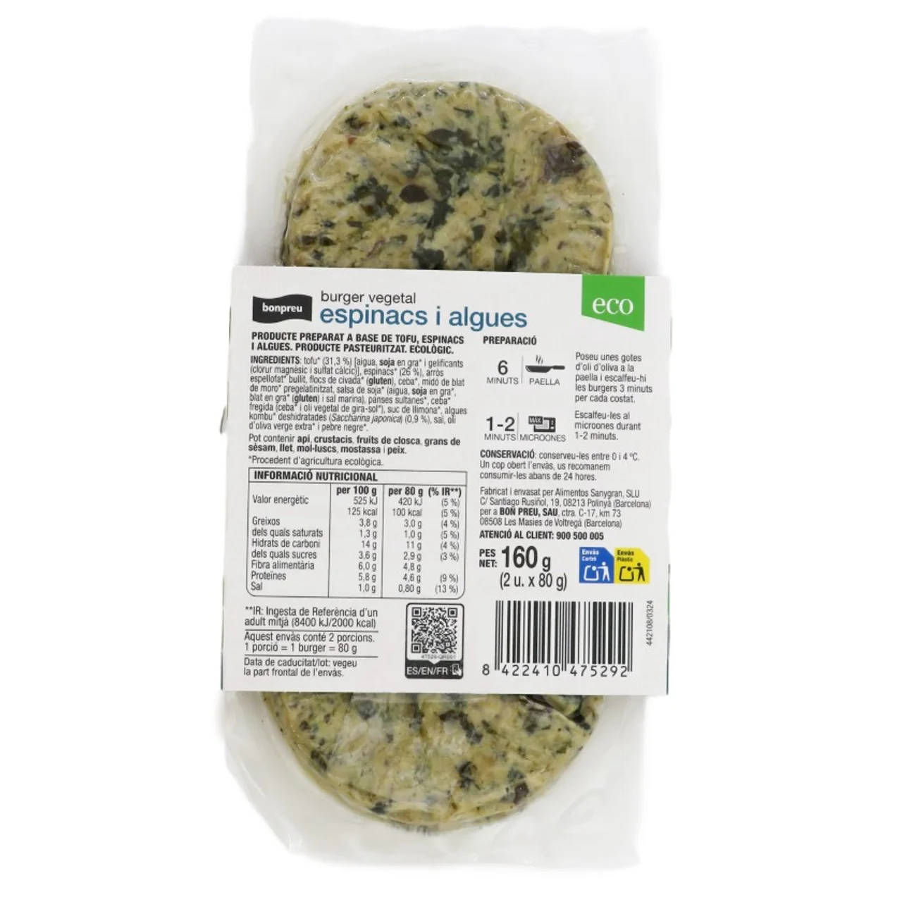 BONPREU Burger vegetal espinacas y algas ecológica