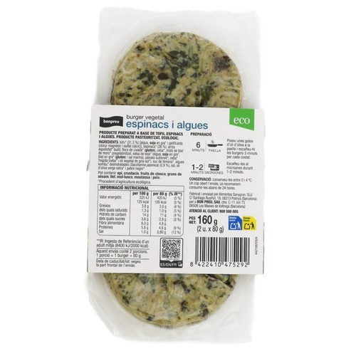 BONPREU Burger vegetal espinacs i algues ecològica