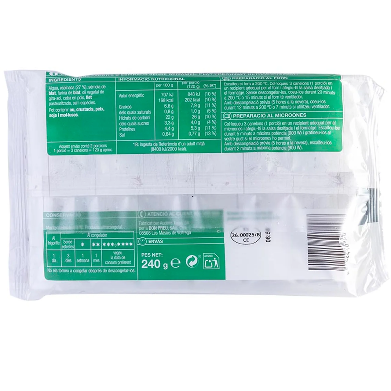 BONPREU Canelones de espinacas sin bechamel 6ud.