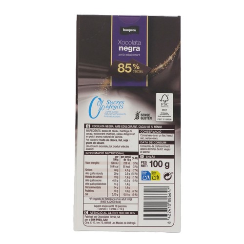 BONPREU Xocolata negra 85% 0% sucres afegits