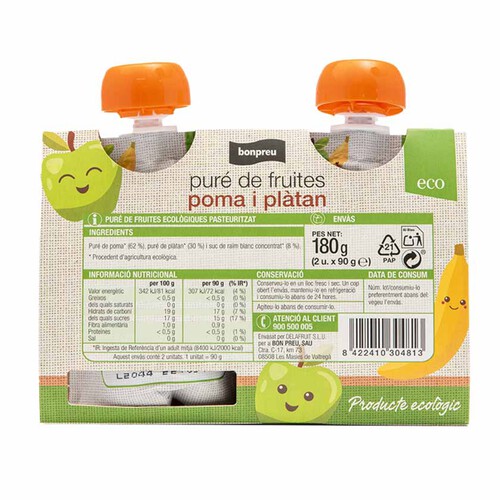 BONPREU Puré de fruites poma i plàtan ecològic