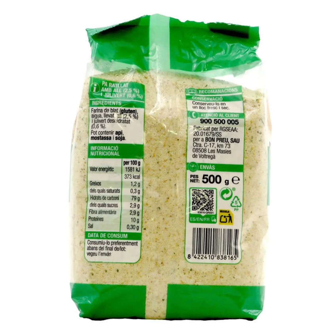 BONPREU Pan rallado con ajo y perejil en bolsa de 500 gramos