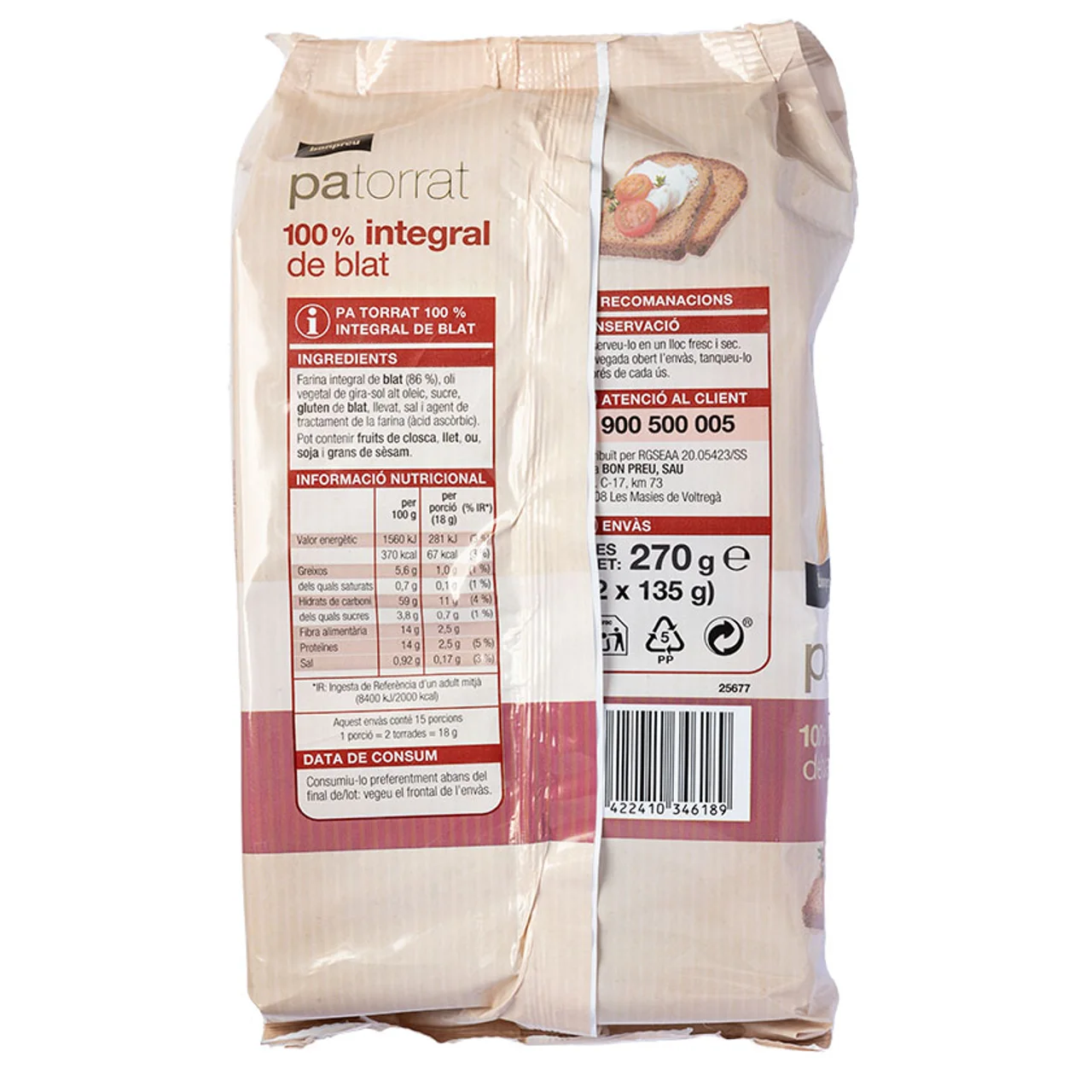 BONPREU Pan tostado 100% integral de trigo