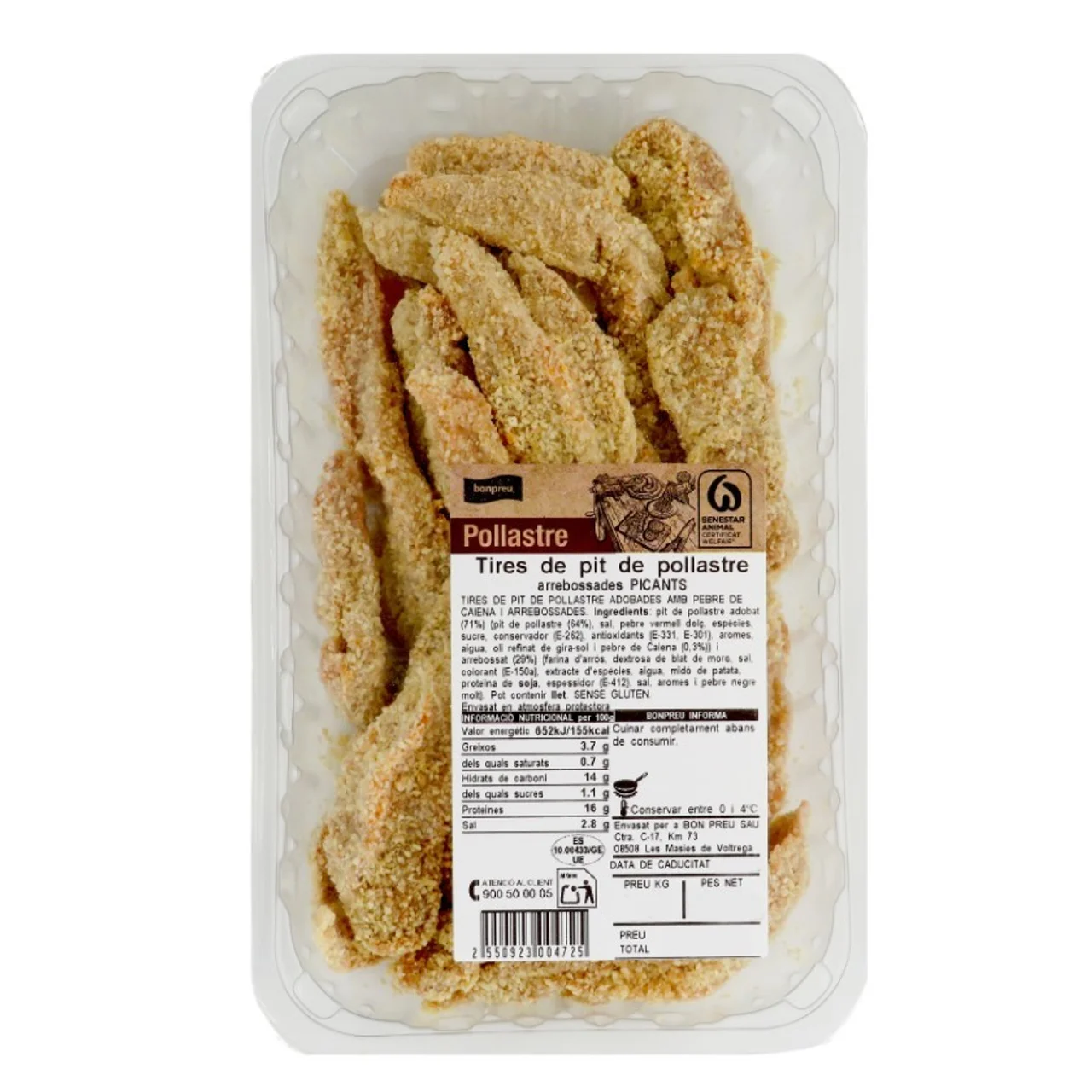 BONPREU Tiras de pechuga de pollo rebozadas picantes