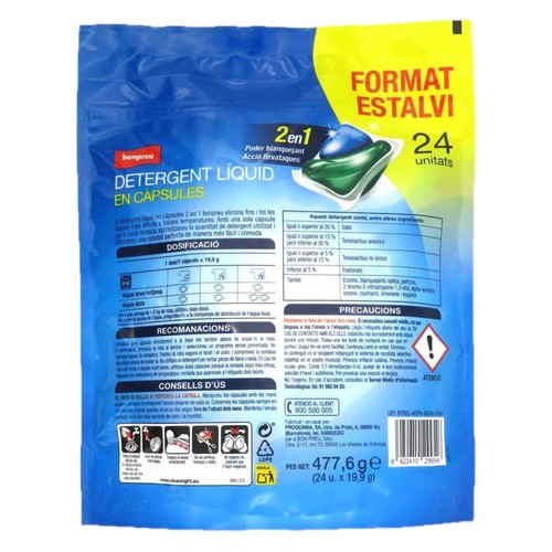BONPREU Detergent líquid en càpsules 2 en 1 de 24 dosis