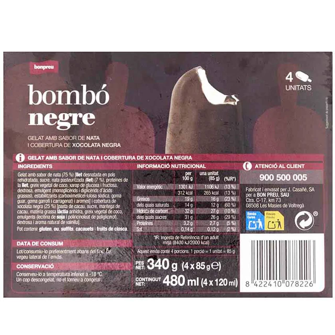 BONPREU Helado bombón sabor a nata y chocolate