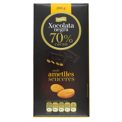 BONPREU Xocolata negra 70 % cacau amb ametlles senceres