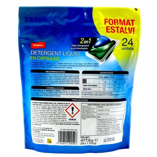 BONPREU Detergent líquid en càpsules 2 en 1 de 24 dosis