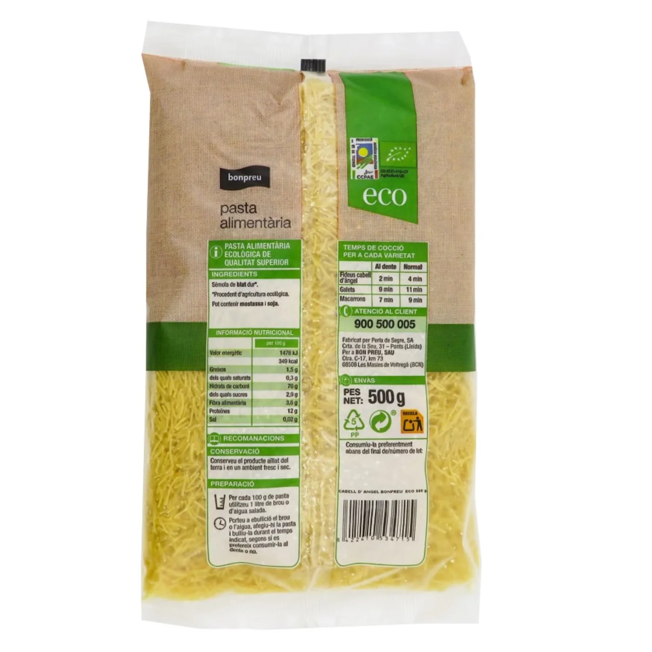 BONPREU Fideos cabello de ángel ecológicos Km0
