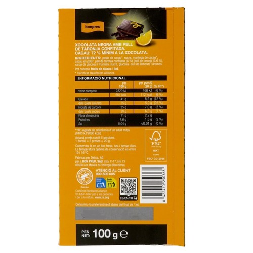 BONPREU Xocolata negra  amb taronja 72% de cacau
