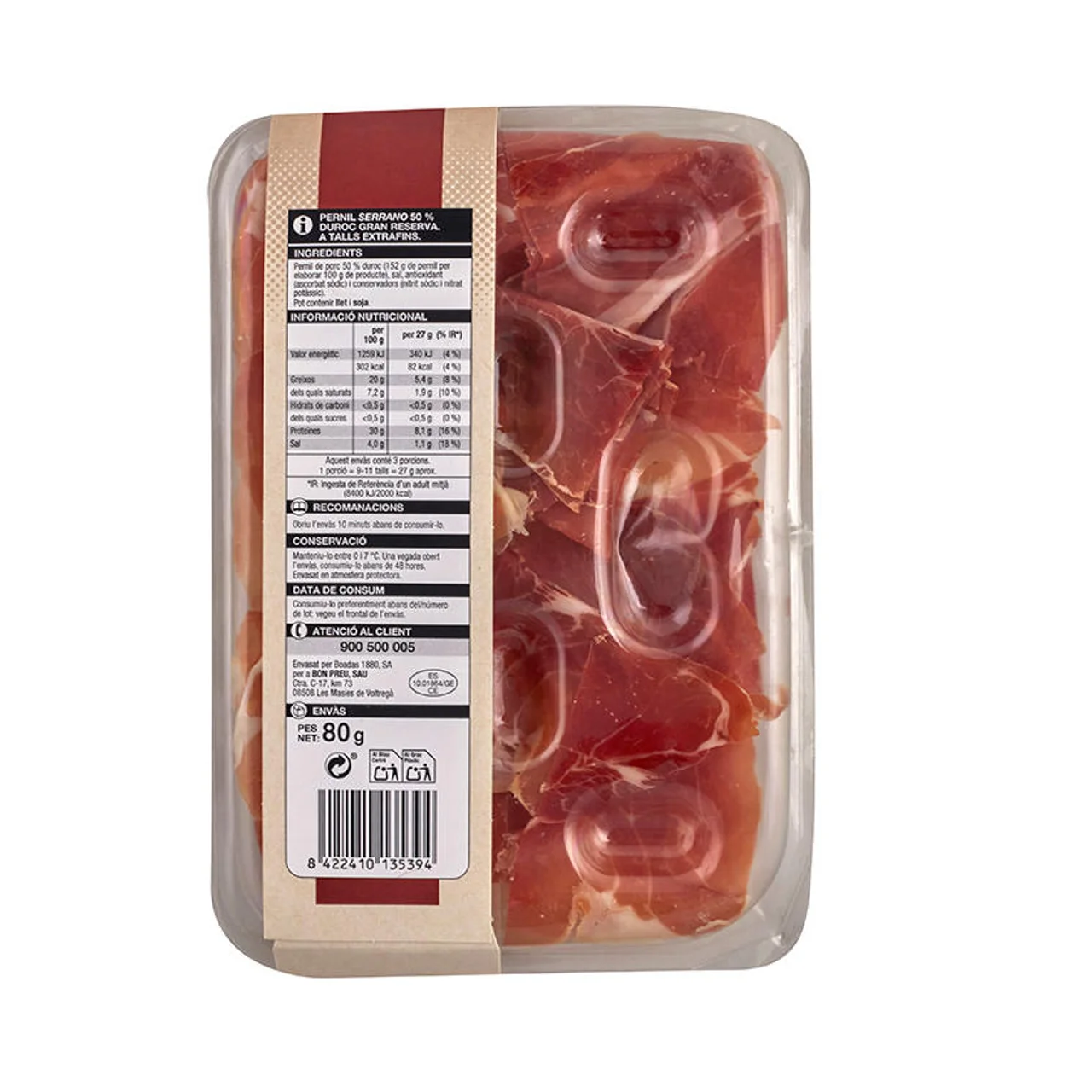 BONPREU Jamón serrano 50% duroc gran reserva en bandeja 80 g