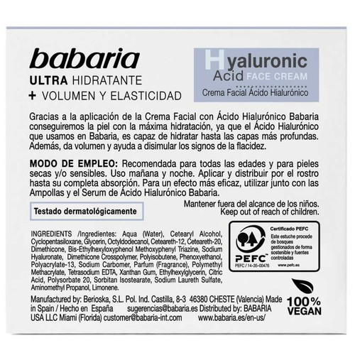 BABARIA Crema facial hidratant amb àcid hialurònic